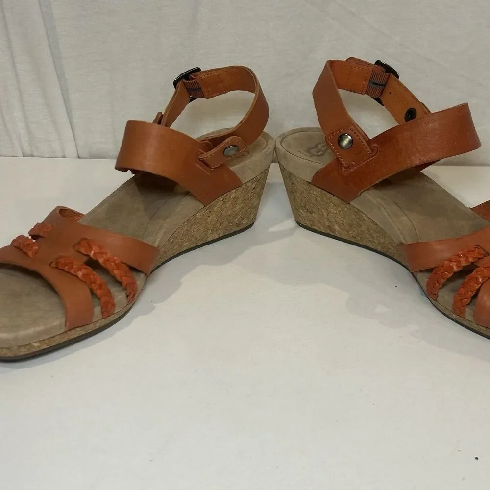 UGG SERINDA Orange Fire Opal Leather Cork Wedge Platform Sandals 8 - Picture 3 of 6